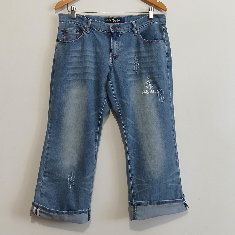 Y2K Baby Phat Jeans Logo Crop Distressed Cuff Size 11 Vintage Capri